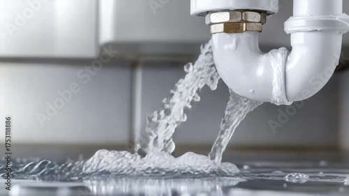 Leaking white PVC drain pipe with water splashing