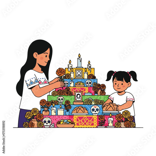Illustration of a woman and a young girl decorating a colorful ofrenda with marigolds and skulls on a white background.