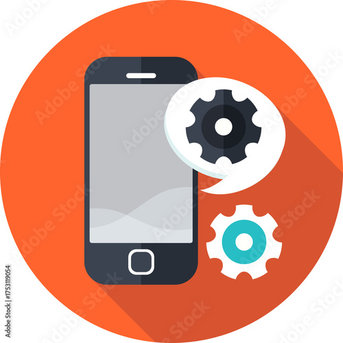 Free Download Mobile phone settings and configuration illustration with gears and speech bubble on a vibrant orange circle background with long shadow effect and transparent background - GFXLoad