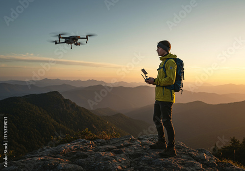 Young adventurer operating a drone from a mountain summit, capturing the scenic landscape during a golden sunset