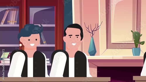 Animated waiters serving food in restaurant, teamwork and hospitality concept in fine dining service
