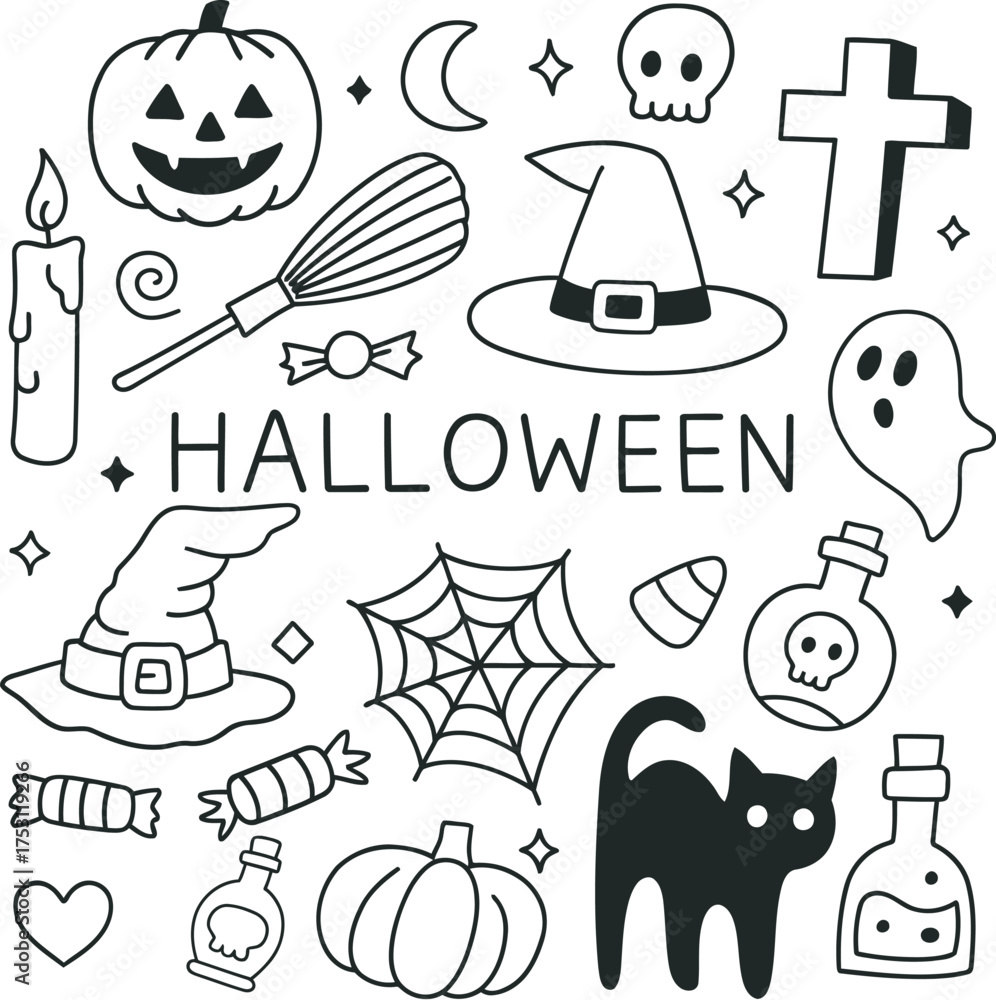 Obraz premium Cute Halloween Doodle Set | Hand-Drawn Spooky Clipart with Ghost, Pumpkin, Cat & Witch Hat