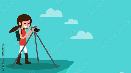 Animated photographer taking pictures outdoors, travel and creative photography concept in adventure setting
