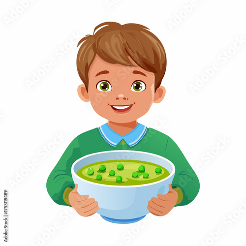 Junge mit einer Erbsensuppe