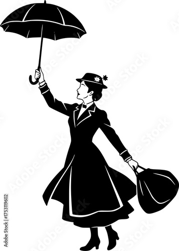 Mary poppins silhouette. A vintage silhouette of a woman holding an umbrella and bag, symbolizing Mary Poppins, nanny figure, and classic character. Vector clipart illustration design