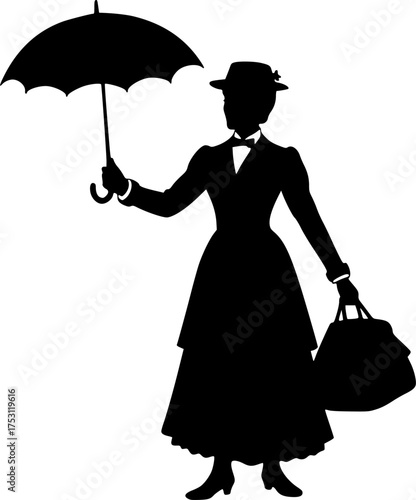 Mary poppins silhouette. A vintage silhouette of a woman holding an umbrella and bag, symbolizing Mary Poppins, nanny figure, and classic character. Vector clipart illustration design