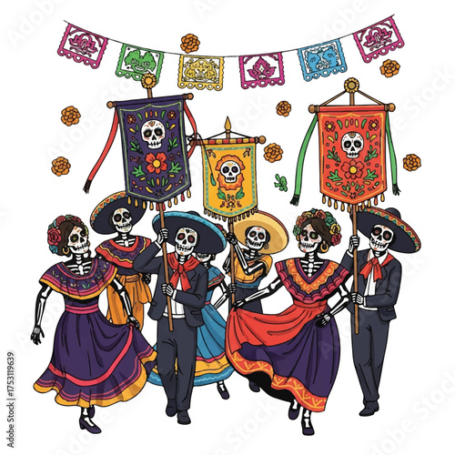 Illustration of skeletons dressed in vibrant Mexican attire dancing under papel picado banners with skull designs on a white background.
