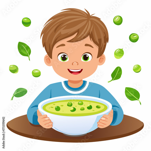 Junge mit einer Erbsensuppe