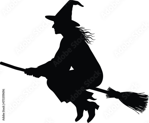Spooky Halloween silhouette of a witch flying on a broomstick against a crisp white backdrop, perfect for holiday decorations and festive designs