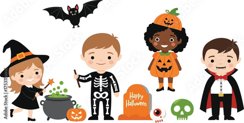 Celebrate a fun Halloween with these adorable kids dressed in cute costumes with a bat, skull and more for spooky season designs and party invitations