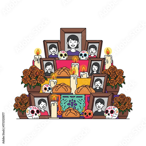 Colorful ofrenda altar with framed portraits, sugar skulls, flowers, and candles on a white background, representing Day of the Dead, flat illustration.