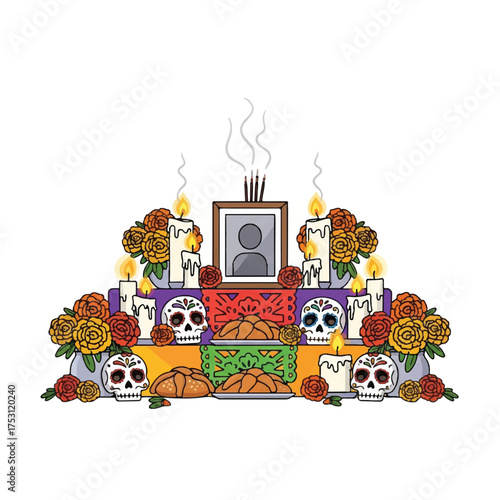 Colorful illustration of a Day of the Dead altar with candles, flowers, skulls, and a framed photo against a white background.
