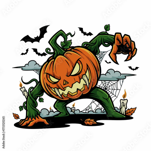 Spooky Halloween pumpkin monster character with a menacing carved face vector art