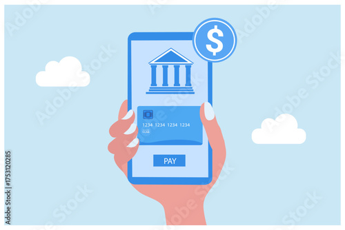 Mobile banking concept. Man use smartphone to pay online money vector illustration