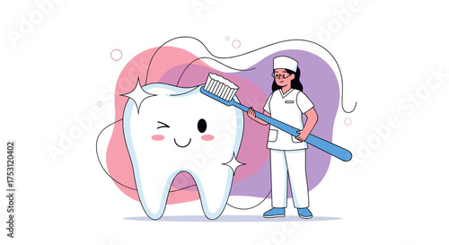 Dental professional cleans a large sparkling tooth with a toothbrush.