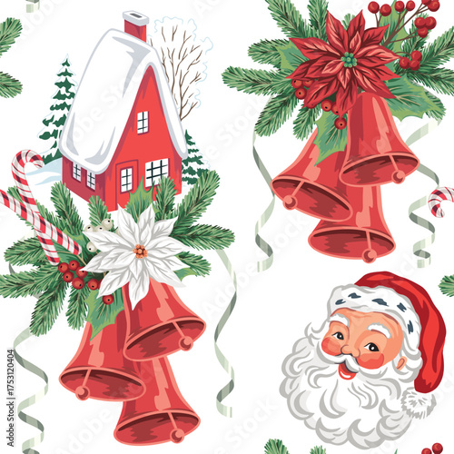 Santa Claus, house, Christmas fir branch, red star flower, red bell, mistletoe seamless pattern. Winter holiday wallpaper.	