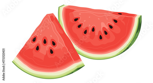  Juicy watermelon slices with black seeds displayed on a white background.