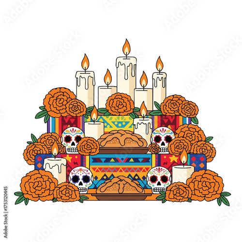 Vibrant digital illustration of a Day of the Dead altar with candles, marigolds, and skulls on a colorful, ornate table against a plain white background.
