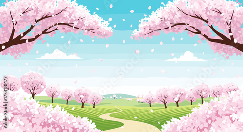 A beautiful spring landscape with cherry blossom trees in full bloom and petals falling gently.