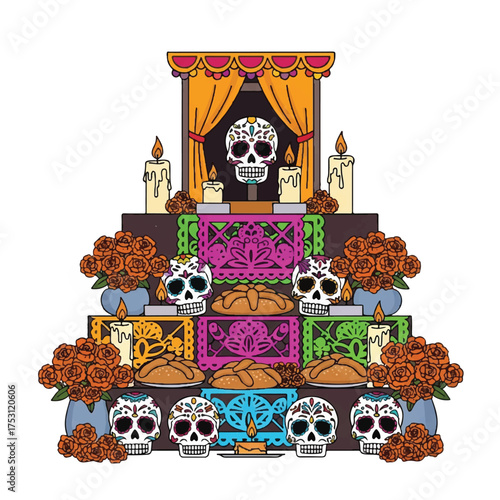A colorful, multi-tiered ofrenda decorated with sugar skulls, marigolds, and candles against a white background, representing a traditional Mexican Day of the Dead altar.