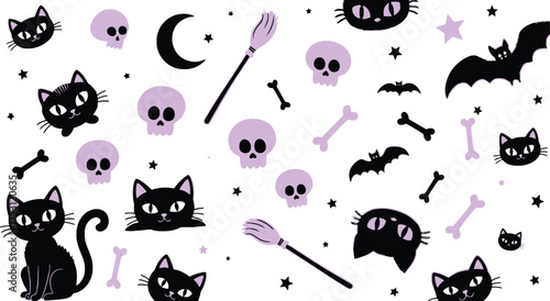 Spooky seamless Halloween pattern featuring black cats, bats, skulls, and broomsticks for festive designs and seasonal projects, perfectly playful and fun