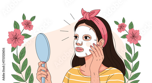 A young woman applies a facial mask while holding a mirror and surrounded by floral decorations.