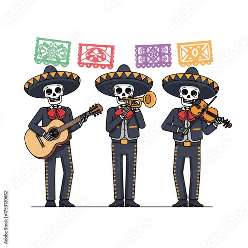 Three skeletons dressed as mariachi musicians playing guitar, trumpet, and violin with colorful papel picado above them on a white background.
