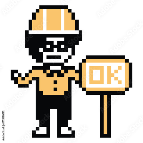 Cartoon pixel 8 bit character engineer man worker industry warehouse fix decoration 8 bit male boy male engineer construction storage safety vector.
