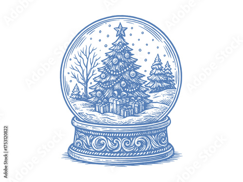 Christmas tree in snow globe vintage sketch vector illustration