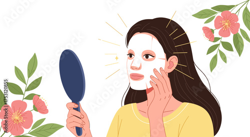A person applying a sheet mask while looking in a mirror with flowers surrounding them.