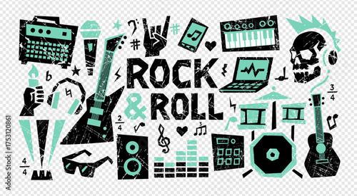 Crayon music sticker rock drawn hand punk style collage with guitar, mic and lightning icons. Crayon music vector design with rough chalk texture for abstract retro band art background.