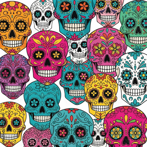 Vibrant sugar skulls with floral designs and bright colors arranged on a white background in a lively pattern.