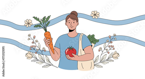 A person holding a carrot and a tomato with a shopping bag full of vegetables and fruits in the background.