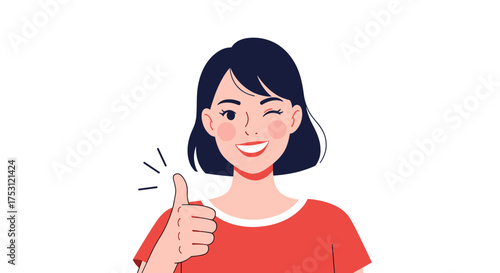 A happy young woman winks and gives a thumbs up gesture of approval and satisfaction.
