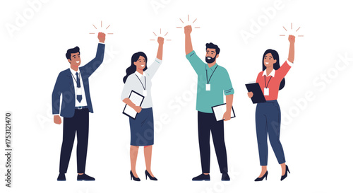 A diverse group of professionals celebrating their collective success together with arms raised.
