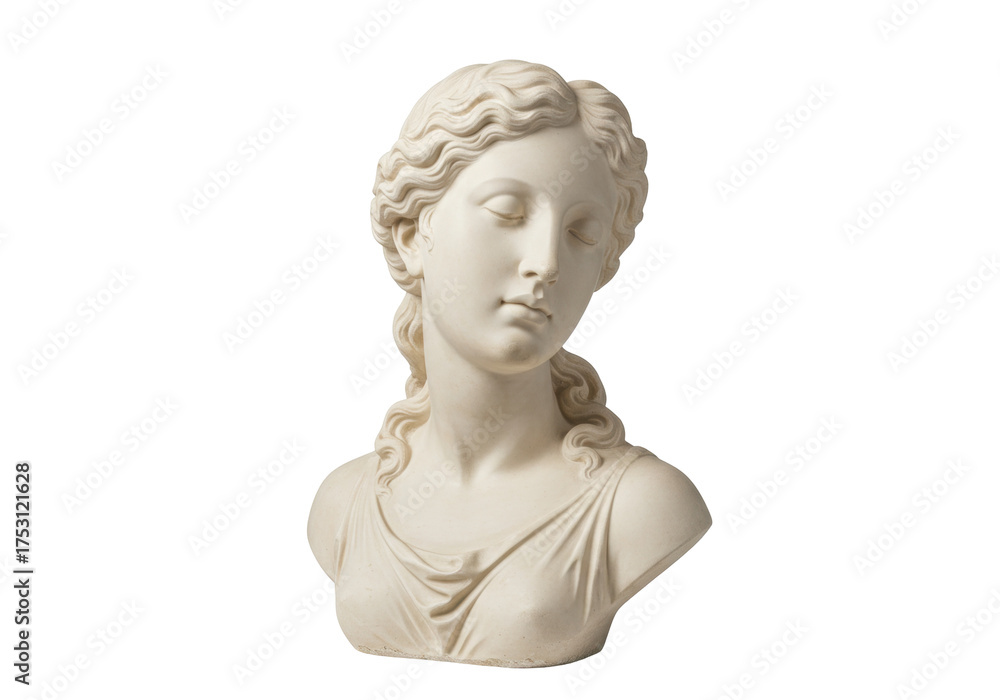 Obraz premium Elegant female bust statue isolated on transparent background, classical sculpture in PNG format for art and design projects