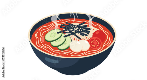 A steaming bowl of spicy Korean noodles topped with fresh vegetables and seaweed.