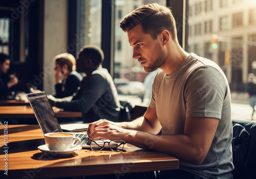 Young man working on laptop in a sunlit urban cafe. Focused and productive, with coffee and glasses nearby, illustrating a modern remote work lifestyle and digital nomadism