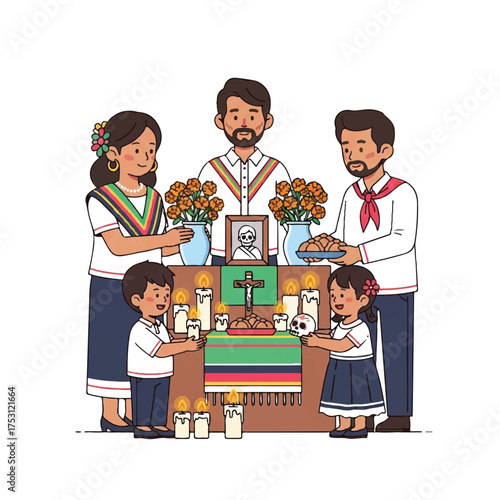 Illustration of a Mexican family celebrating Día de los Muertos with an altar, flowers, candles, and offerings, wearing traditional clothing.