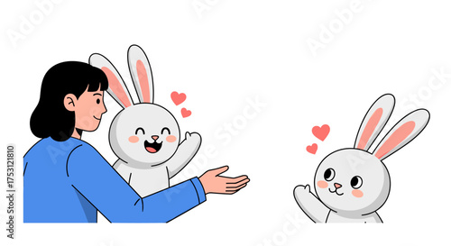 A woman and two adorable cartoon bunnies share a moment of joy and affection.