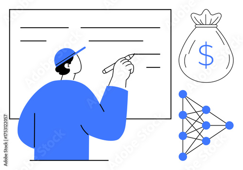 Person writing on a board, neural network sketch and money bag highlighting finance, AI, data analysis, technology strategy, education, training, innovation. Ideal for finance machine learning