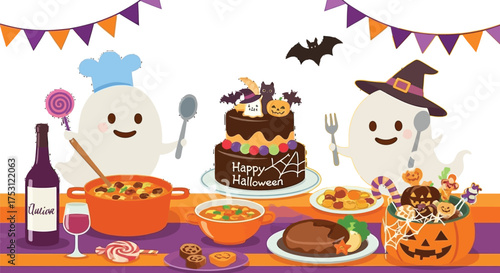 Whimsical Halloween feast with friendly ghosts, spooky sweets, and festive decor for a fun, family-friendly celebration with delicious treats