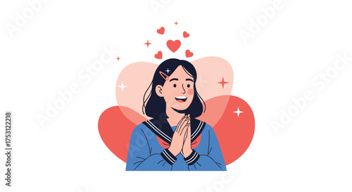 Young woman feeling love and happiness with hearts floating around her head.