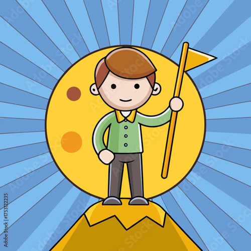 Cartoon person standing on mountain peak holding flag of success