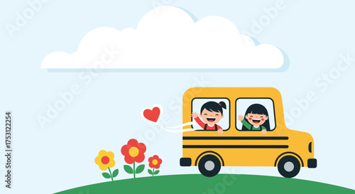 Children waving from a yellow school bus surrounded by flowers and clouds.