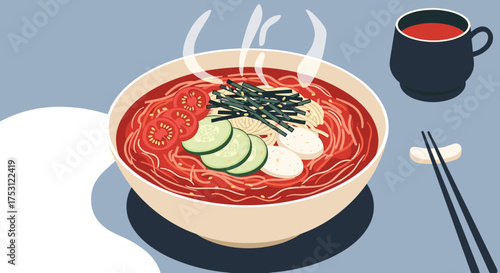 A vibrant bowl of cold noodle soup with fresh toppings and a side of tea.