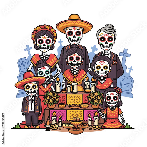 A colorful cartoon illustration of a Mexican family with skeleton faces gathered around an altar in a cemetery on Dia de los Muertos with vibrant flowers and candles.