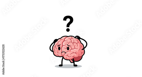 Cartoon brain with question mark over its head scratching its head in confusion and uncertainty.