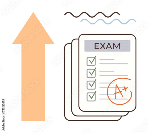 Stack of exam papers with checkmarks and A grade beside an upward arrow and wavy elements. Ideal for education, success, achievement, growth, progress, goal-setting, motivation. Simple flat metaphor