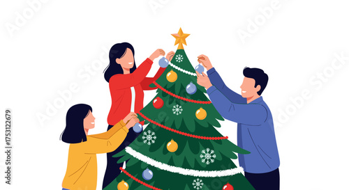 Family happily decorating their Christmas tree with ornaments and a star topper.